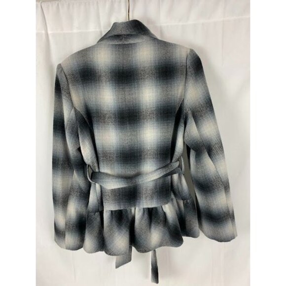 Robert Lewis Blue Gray Plaid Ruffled Belted Jacket Women's Medium. - Picture 2 of 16